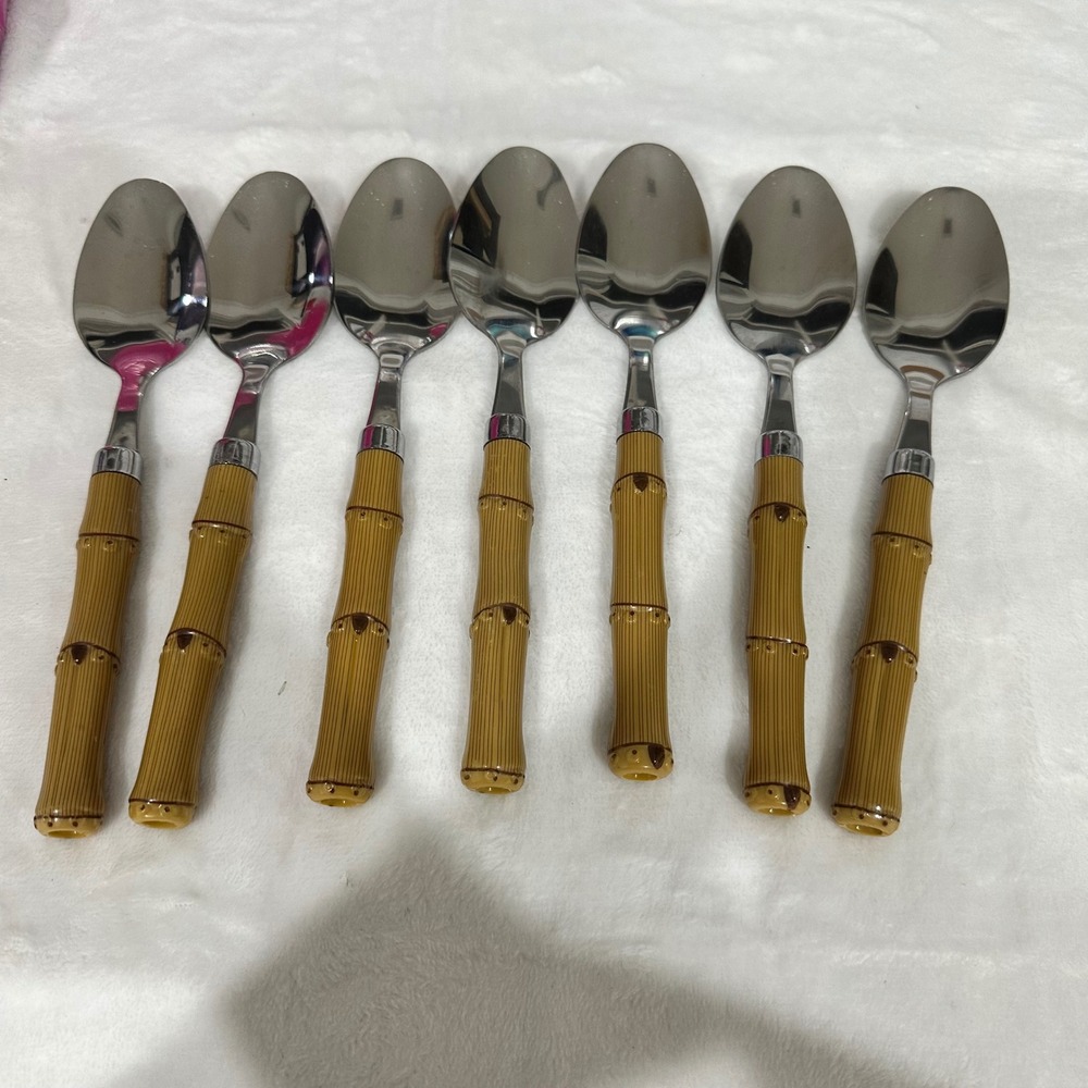 Vintage Faux Bamboo Handle Stainless Steel Spoons Set of 7 Coastal Tropical Boho